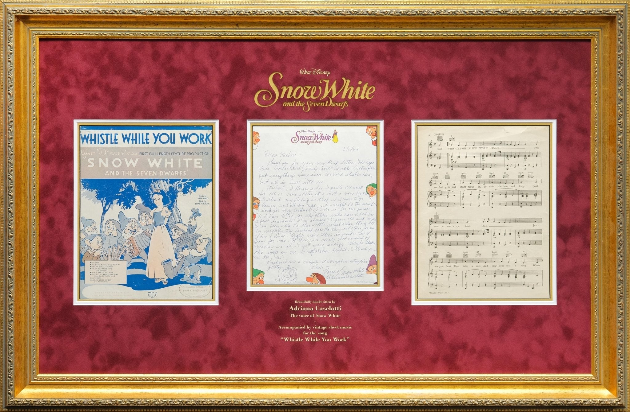 Snow White Written Letter Display Signed by Adriana Caselotti - Memorabilia Framers Shop